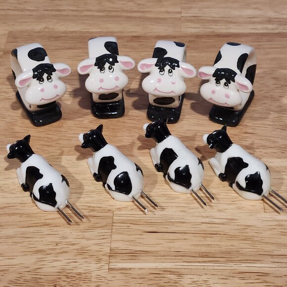 Black & White Dairy Cow Ceramic Napkin Rings Farmhouse Style W 4 Cow Corn Cobs - Picture 1 of 3